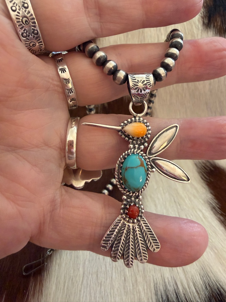Spiny Oyster Kingman Turquoise Red Coral Hummingbird Navajo Sterling Pendant 189$
